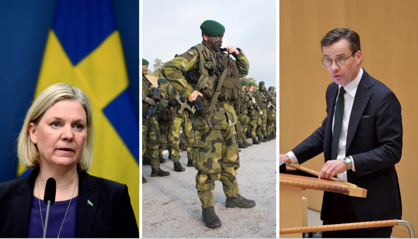 Bild på statsminister Magdalena Andersson. Genrebild på militär. Bild på Moderaternas partiledare Ulf Kristersson.