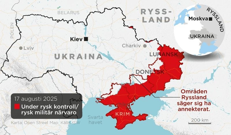 Områden i Ukraina under rysk kontroll eller med rysk militär närvaro den 17 augusti 2025.