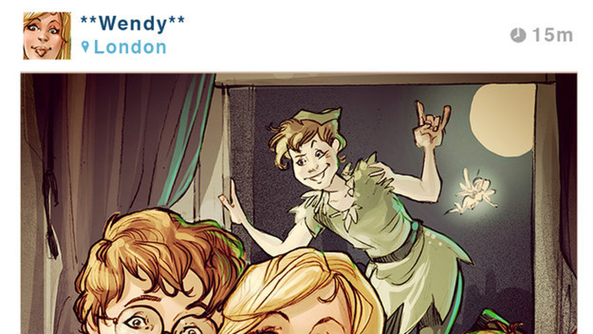 Peter Pan och Tingeling fotobombar Wendy och hennes syskon.