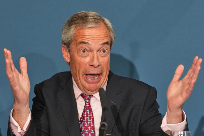 Reformpartiets ledare Nigel Farage på en presskonferens i London i april. Arkivbild.