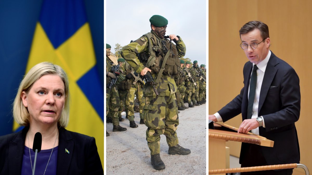 Bild på statsminister Magdalena Andersson. Genrebild på militär. Bild på Moderaternas partiledare Ulf Kristersson.