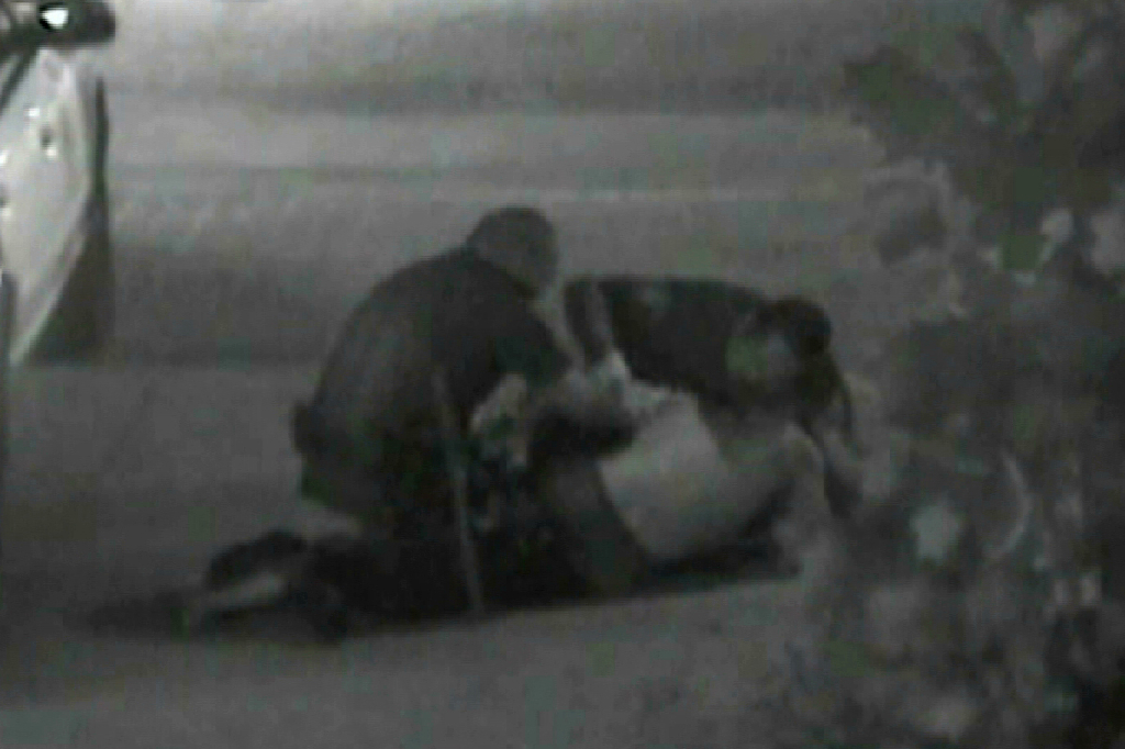 I ett videoklipp ses två poliser sparka och slå på den mentalsjuke och hemlöse Thomas.