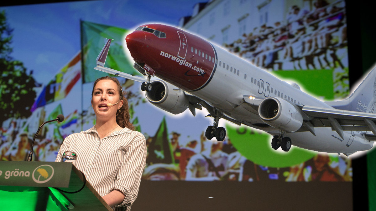 Hanna Lidström talar på Miljöpartiets kongress. Ett flygplan är inklippt i bilden. 