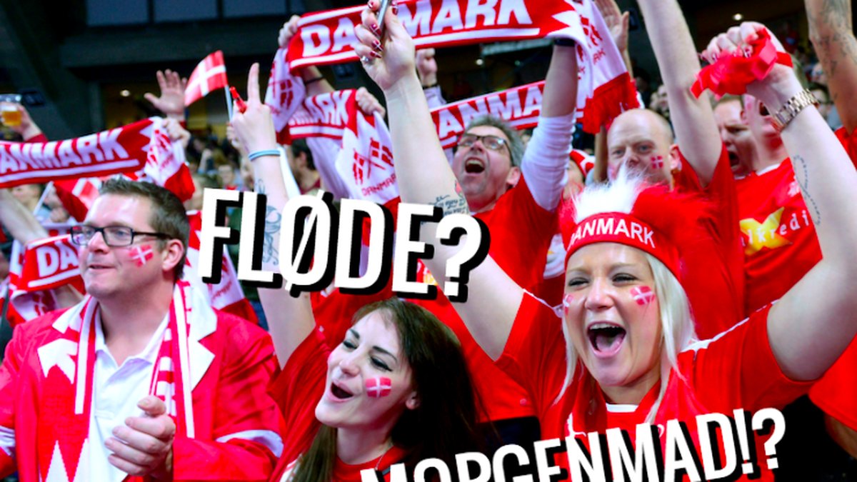 Bild på glada danska fotbollssupportrar – över bilden syns orden "fløde" och "morgenmad"