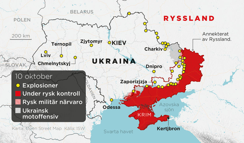 Områden under rysk kontroll, områden med rysk militär närvaro, ukrainska motoffensiver samt annekterade områden i Ukraina den 10 oktober.