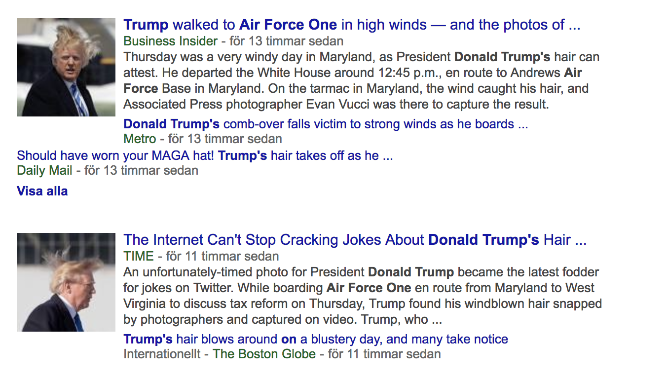 Trumps hår hånas av internationell media. Trumps hår hånas av internationell media.