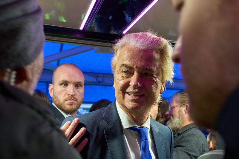 Ytterhögerveteranen Geert Wilders på ett kampanjmöte i Volendam i lördags.