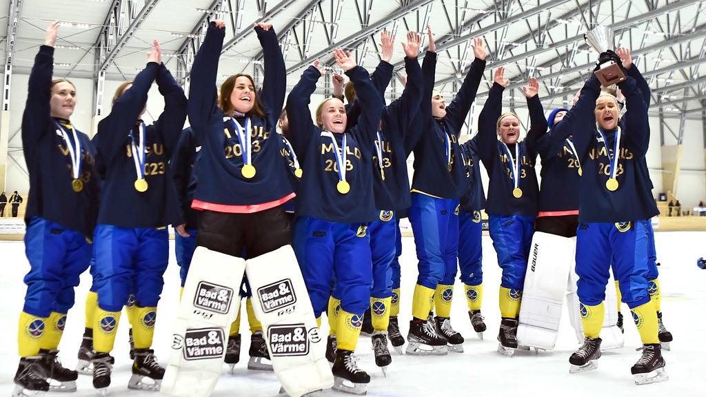 Sveriges damer jublar efter finalsegern med 15–0 mot Finland i VM i småländska Åby.