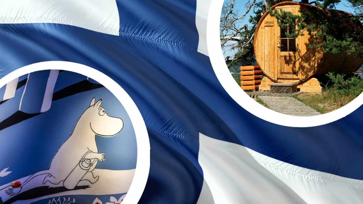 Finsk flagga. Bild på Mumin. Bild på Bastu.
