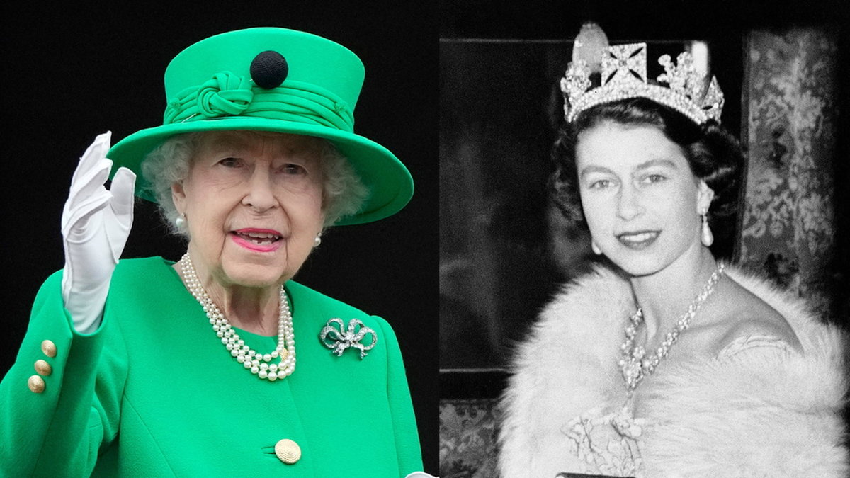 I juni firade drottning Elizabeth II 70 år på tronen med fyra dagars festligheter i London. Bilden till höger föreställer den nyblivna drottningen på väg till parlamentets högtidliga öppnande den 4 november 1952. Arkivbilder.