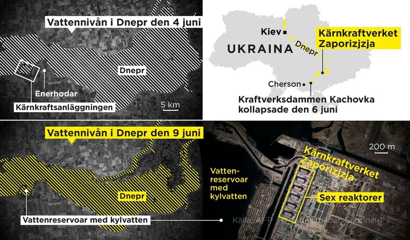 Skillnaderna i vattennivån i Dnepr – strax före och strax efter dammkollapsen den 6 juni.