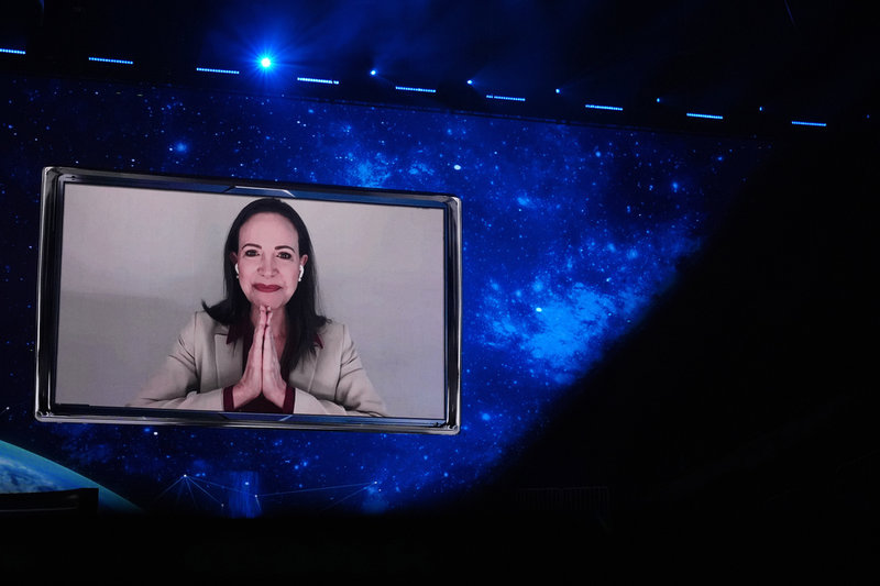 Oppositionsledaren María Corina Machado tvingas hålla sig gömd i Venezuela. Arkivbild.