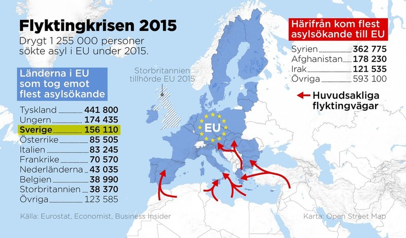 Tyskland var det land som tog emot flest asylsökande i EU under flyktingkrisen 2015. Men sett till antal asylsökande per invånare har Ungern och Sverige tagit emot flest asylsökande.