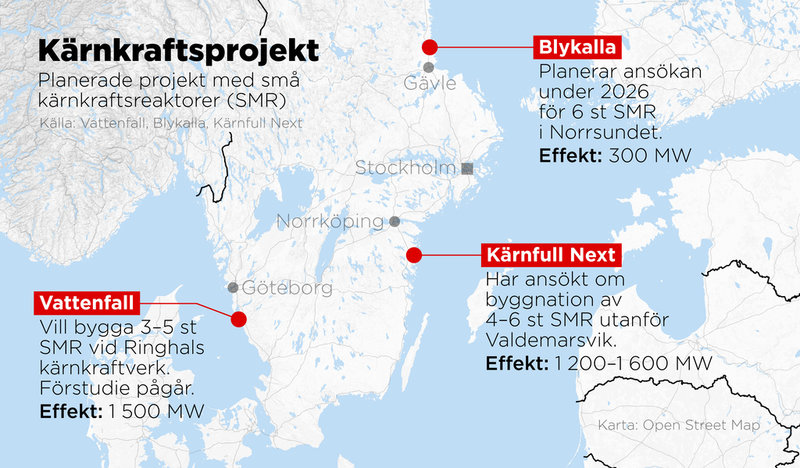 Planerade projekt med små kärnkraftsreaktorer (SMR) i Sverige.