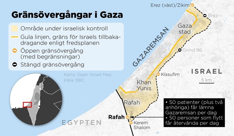 Kartan visar gränsövergångarna mellan Israel och Gazaremsan.