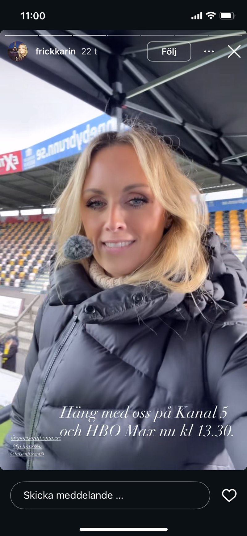 Karin Frick mådde dåligt redan innan sändingen drog igång. Skärmavbild: instagram.com/frickkarin. 