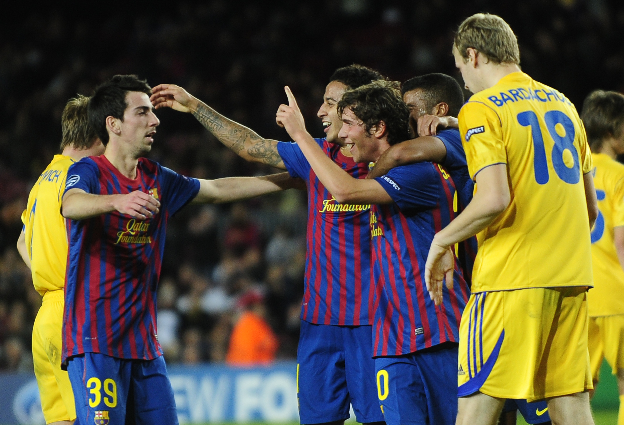 Barça firar ett av alla nio mål som man gjorde på vitryska Bate Borisov. Barça firar ett av alla nio mål som man gjorde på vitryska Bate Borisov.