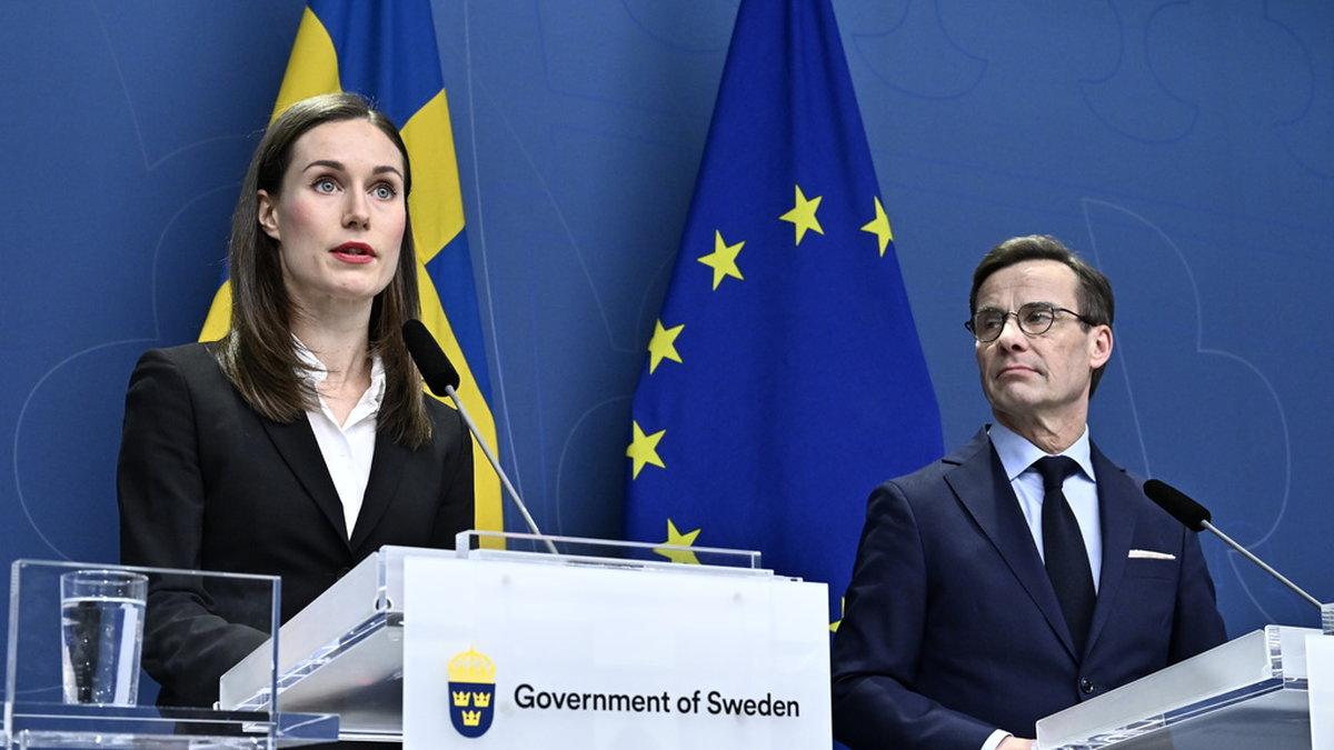 Finlands statsminister Sanna Marin och statsminister Ulf Kristersson (M) under en gemensam presskonferens.