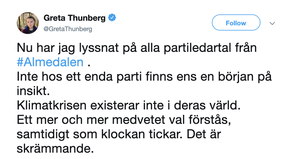 Greta Thunberg svingar mot riksdagspartierna Greta Thunberg svingar mot riksdagspartierna
