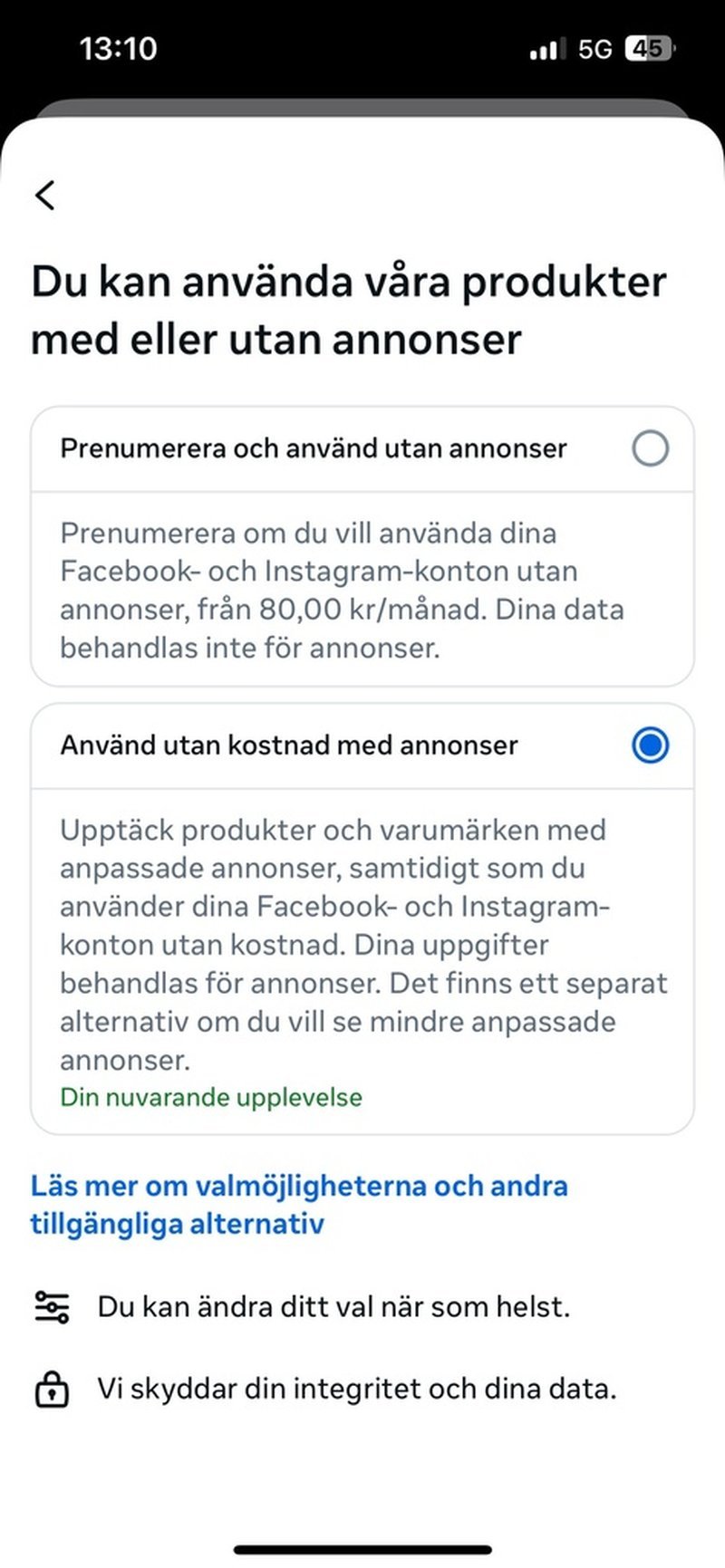 Skärmdump från Facebook. Användare får nu möjlighet att inte bli spårade av appen – till en kostnad.