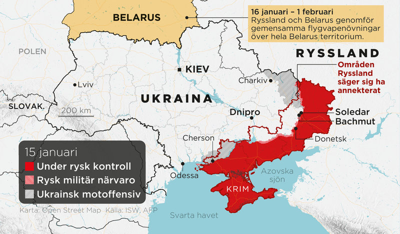 Områden under rysk kontroll, områden med rysk militär närvaro, ukrainska motoffensiver samt annekterade områden, den 15 januari.