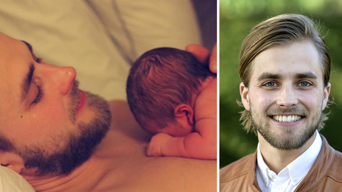 en nyfödd bebis ligger på en man med skägg, en blond man i skägg i en brun skinnjacka och vit skjorta