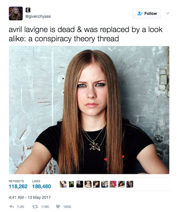 Twittertråd om konspirationsteorin att Avril Lavigne är död Twittertråd om konspirationsteorin att Avril Lavigne är död