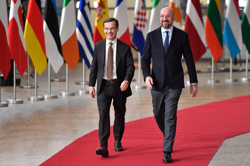 Statsminister Ulf Kristersson (M) och rådsordföranden Charles Michel.