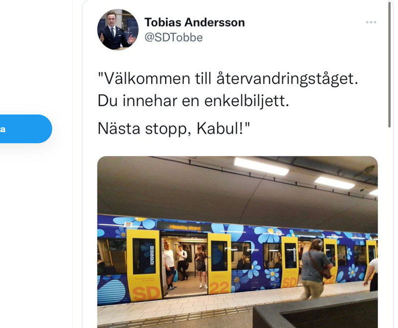 Tweeten från Tobias Andersson, SD:s rättspolitiske talesperson, som Magdalena Andersson kritiserar. Bilden är från den 17 augusti.