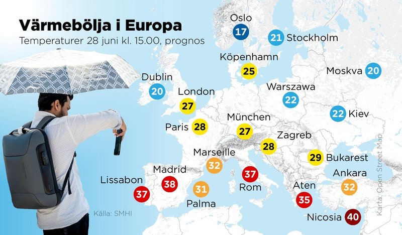 Prognos för temperaturer på lördag den 28 juni klockan 15.00.