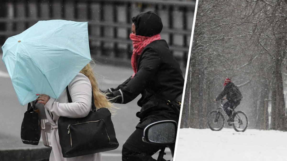 Två personer går med paraply. En person cyklar i snön.