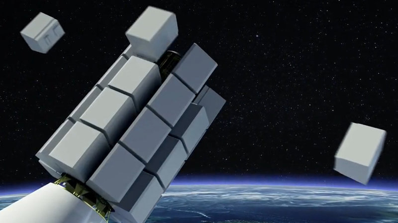 Så här kan man tänka sig att det ser det ut när de små satelliterna placeras i omloppsbana, där Beyond Gravity byggt själva separationsssystemet. Pressbild.