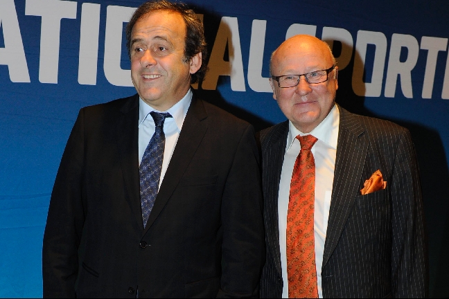 Uefa-presidenten Michel Platini och Svenska Fotbollsförbundets ordförande Lars-Åke Lagrell.
