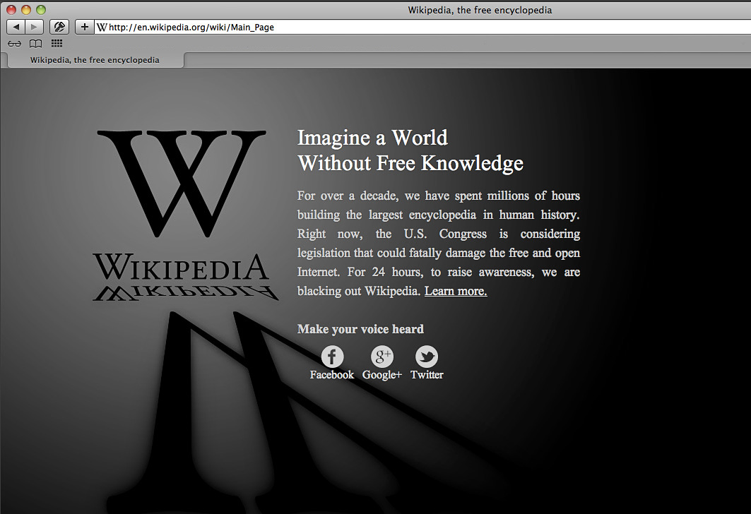 Meddelandet om protesten på Wikipedias hemsida.