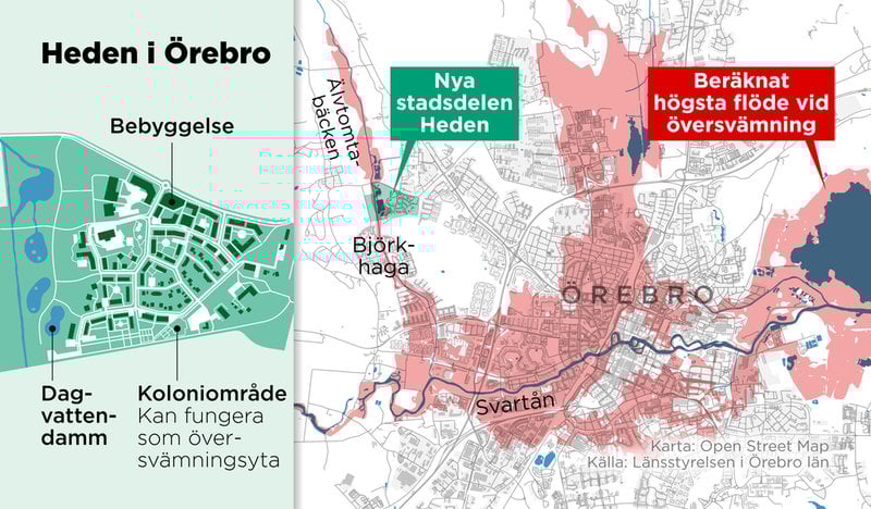 Bostadsområdet Heden i Örebro är planerat för att klara av översvämningar i närliggande bäckar och åar.