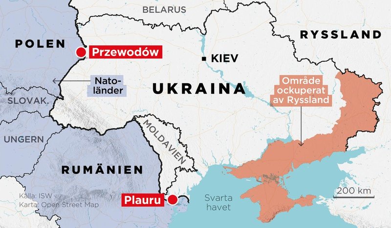 Kartan visar Przewodów i Polen och Plauru i Rumänien där rester efter drönare och robotar hittats i samband med ryska attacker mot Ukraina.