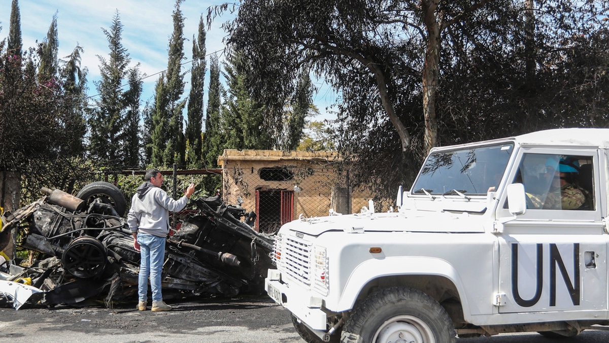 Ett fordon från FN:s fredsbevarande styrka i utkanten av libanesiska Tyr.
