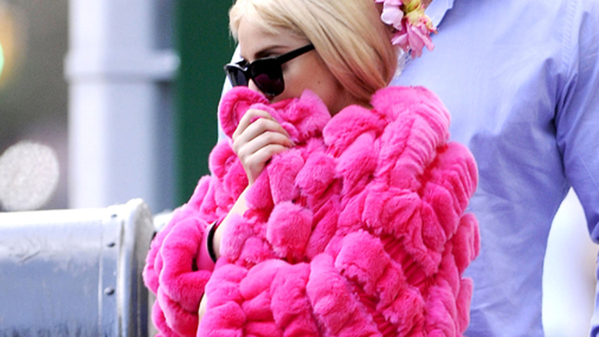 Lady Gaga gosar in sig i sin fuchsiapäls från Armani. 