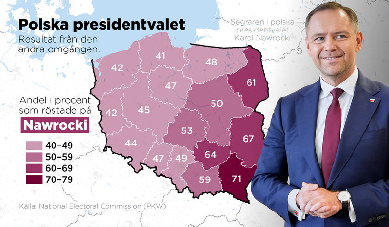 Andel av befolkningen som röstade på Karol Nawrocki i procent.Resultat från presidentvalets andra omgång.