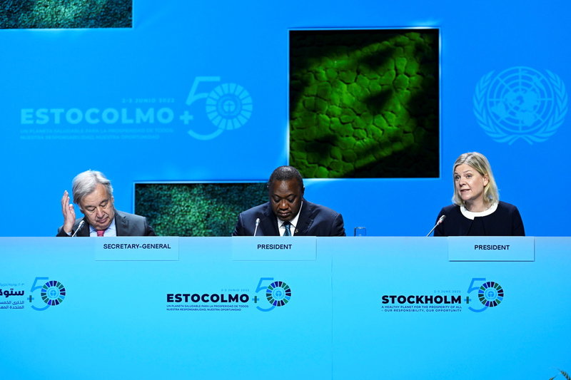 FN:s generalsekreterare António Guterres, Kenyas president Uhuru Kenyatta och statsminister Magdalena Andersson på Stockholm+50.