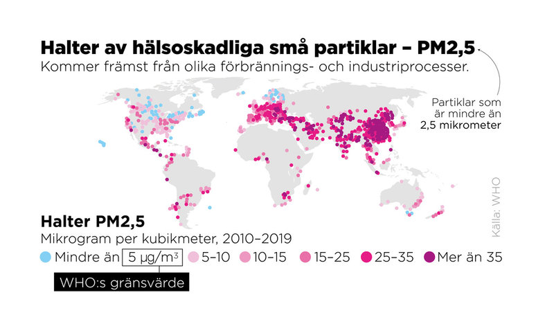 Halter av partikeln PM2,5 mellan 2010 och 2019.