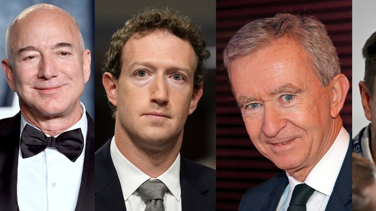 Från vänster Jeff Bezos, Mark Zuckerberg, Bernard Arnault och Elon Musk. Arkivbilder.