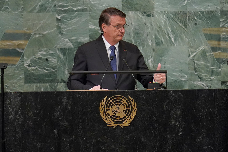 Brasiliens president Jair Bolsonaro i FN:s 77:e generalförsamling.