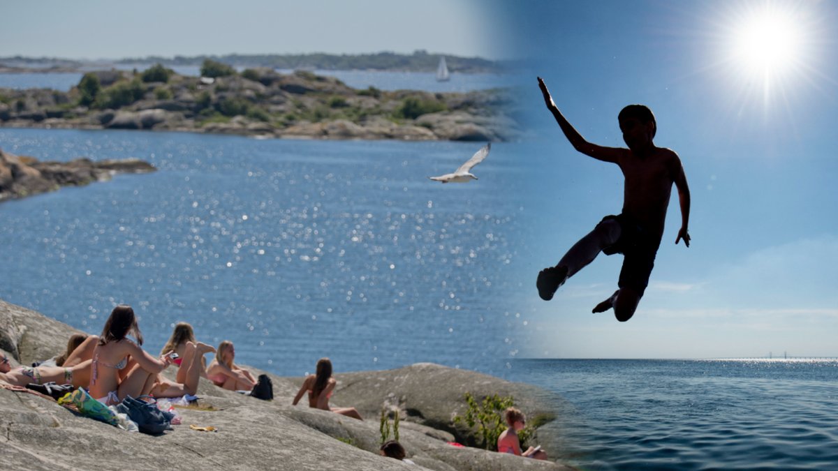 Klippor med människor som solar/Pojke som hoppar i vattnet