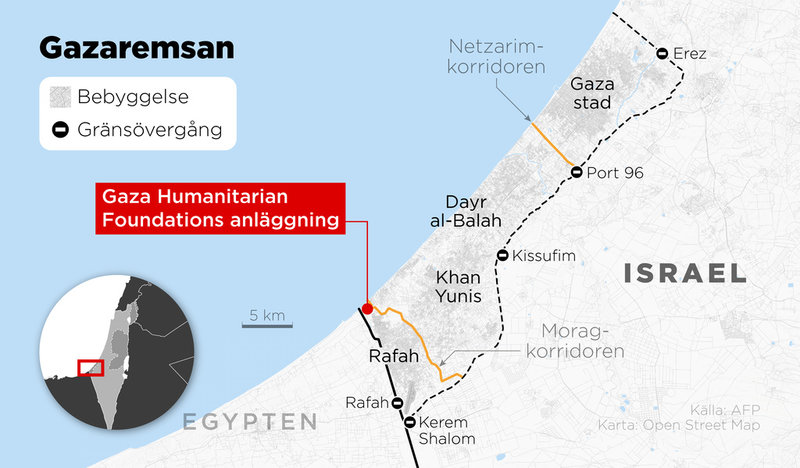 Kartan visar områden under israelisk kontroll samt områden där befolkningen beordrats att evakuera.