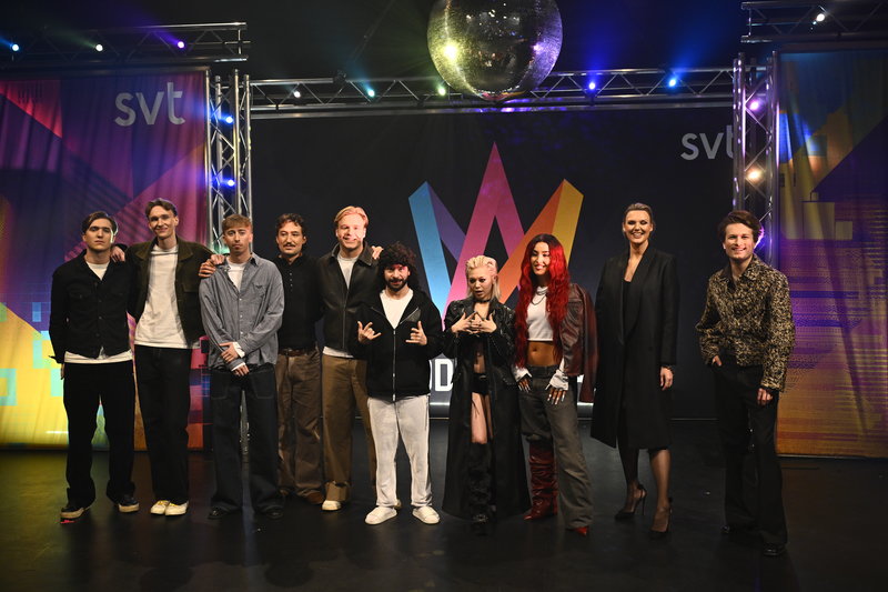 Lilla Al-Fadji, Vilhelm Buchaus, Bandet Juliett, AleXa, Sanna Nielsen, Bladë tävlar i deltävling fem i Melodifestivalen 2026. Foto: Christine Olsson / TT