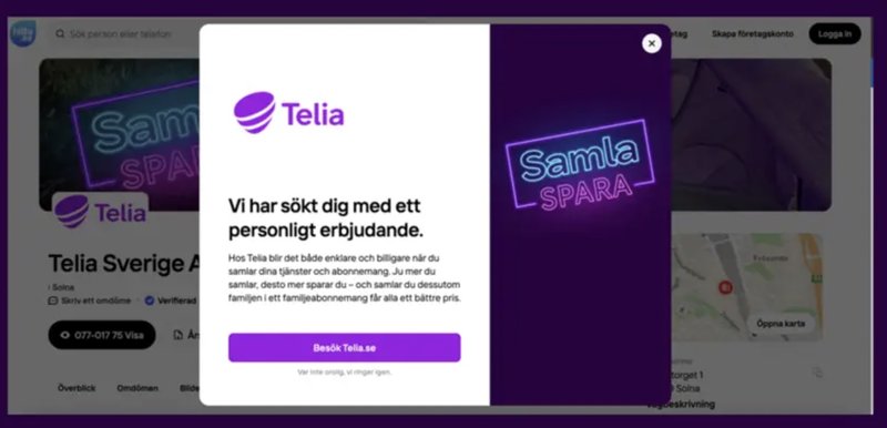 Så här kan det se ut om du kollar upp numret på en nummeruplysningssajt. Skärmavbild: Telia