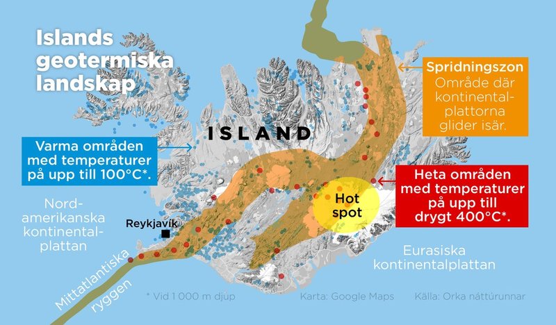 Kartan visar den Mittatlantiska ryggen som Island ligger på samt områden som lämpar sig för utvinning av geotermisk energi.