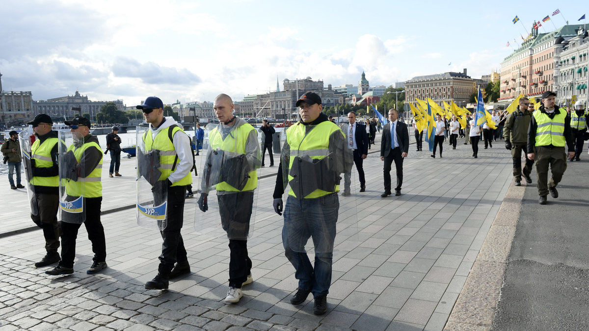 Medlemmar i Svenskarnas parti marscherar med egna sköldar.