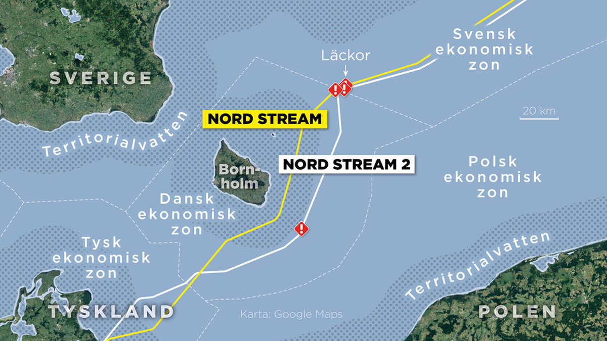 Kartan visar de fyra läckorna på gasledningarna Nord Stream och Nord Stream 2 samt ekonomiska zoner och territorialvatten.